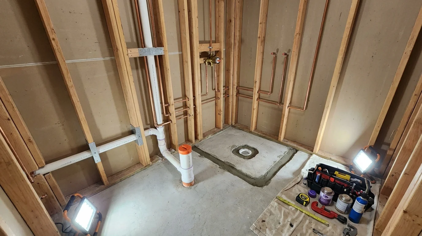Bathroom rough-in plumbing during remodel by Johns Plumbing LLC in Minersville