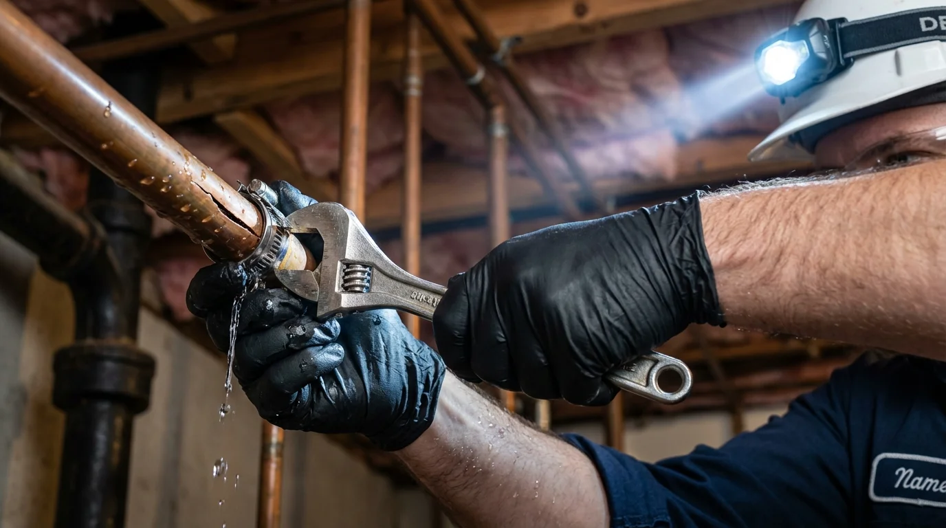 Emergency pipe clamp repair being performed by a Johns Plumbing LLC plumber in Minersville
