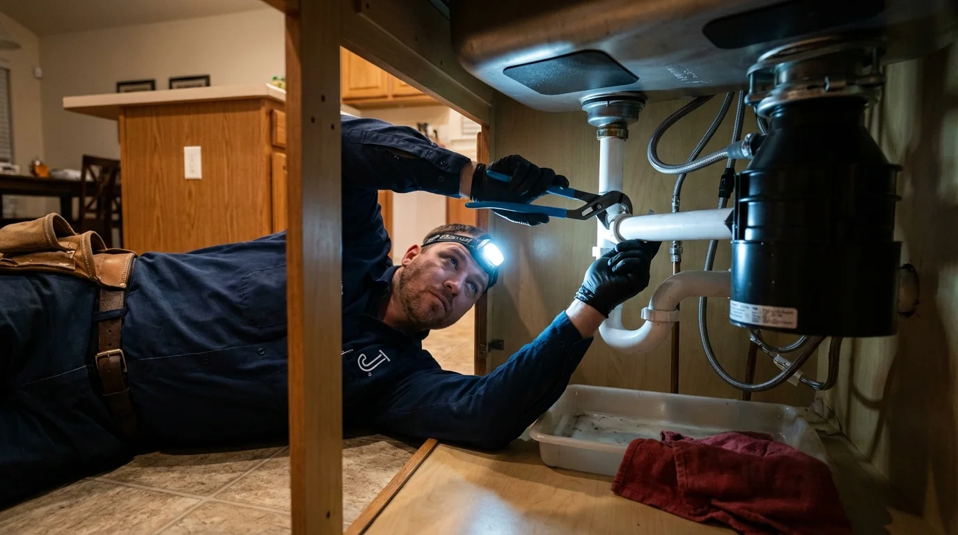 P-trap and supply line connections under a kitchen sink showing a common leak point in Minersville, PA